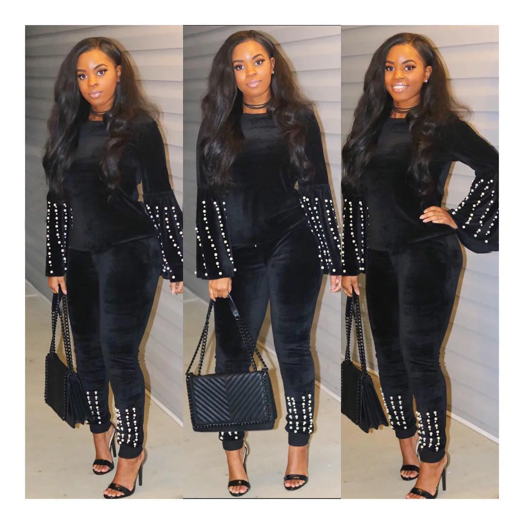 Модный стильный шерстяной комплект с круглым вырезом и жемчугом из двух