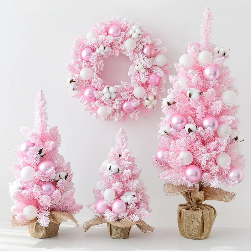 30/45/60/90cm Pink Christmas Artificial Tree Snow folcked tree Wreath Ball Ornaments trees New Year Desktop Window Home Decor | Дом и сад