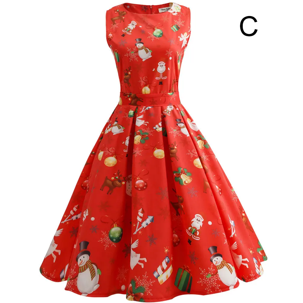 

Women Christmas Print Dress Round Neck Sleeveless Vintage Large Swing Dress TC21