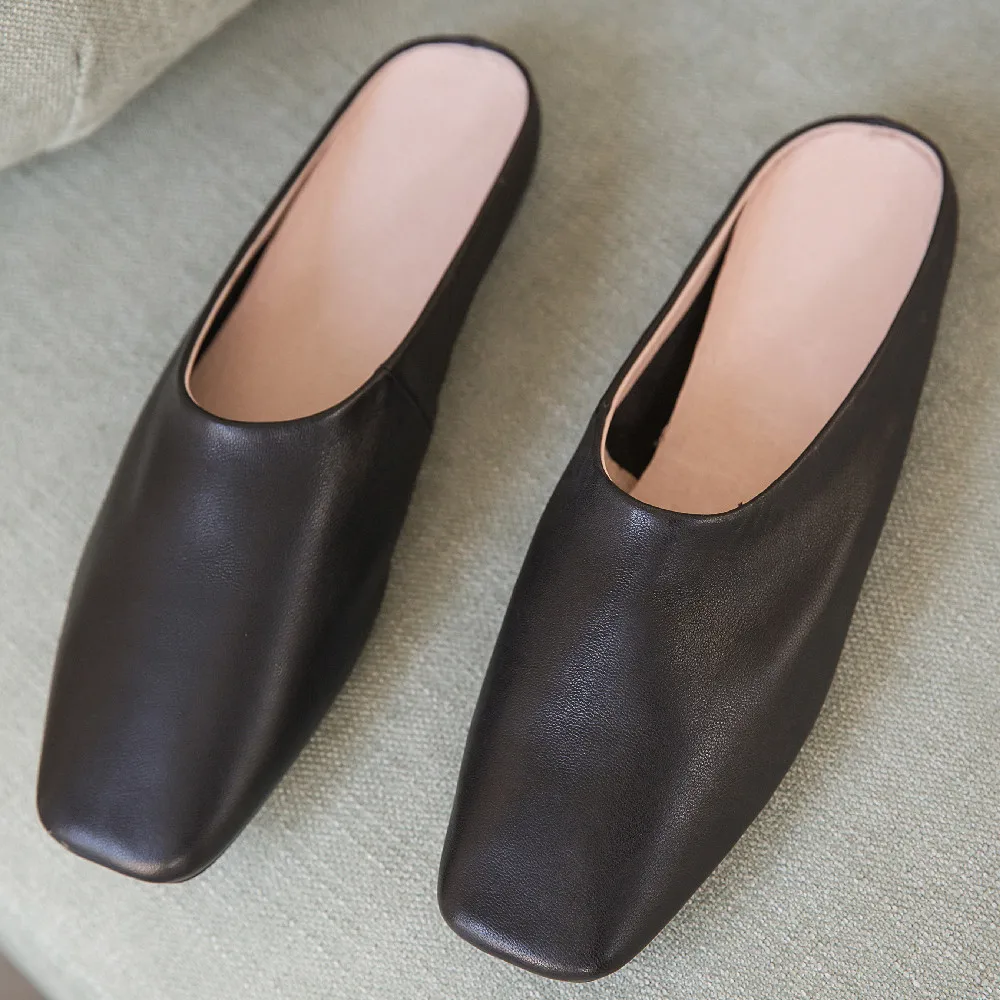 

3 Color plus size 33-43 women's genuine leather sqaure toe slip-on flats slides casual soft comfortable summer mules daily shoes