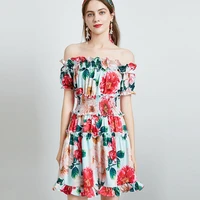 women summer dress 2021 new fashion slash neck puff sleeve elastic waist floral print slim a line dress mini dress