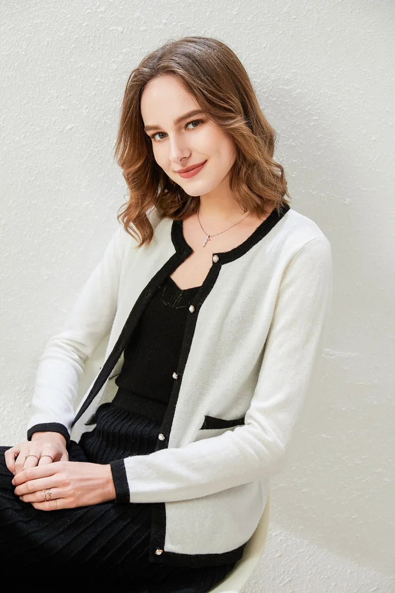 

100% Merino Wool Knitted Cardigans Women 2020 New Arrival Oneck Long Sleeve 2Colors Sweaters Female Standard Jumpers