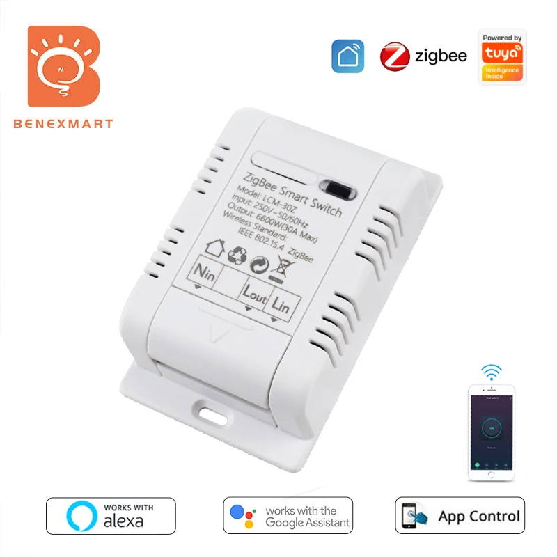 

Benexmart Tuya Zigbee 30A Switch Smart Circuit Breaker Smart Life Home Devices Light Relay Switch Alexa Google Home Control 220V