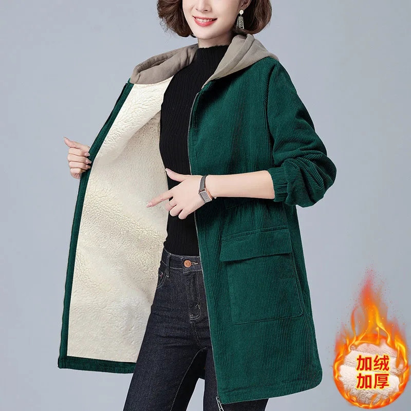 

Women's Jacket Autumn Winter Plus Velvet Hooded Jackets Middle-aged Female Casual Corduroy Windbreaker Outwear Plus Size R741