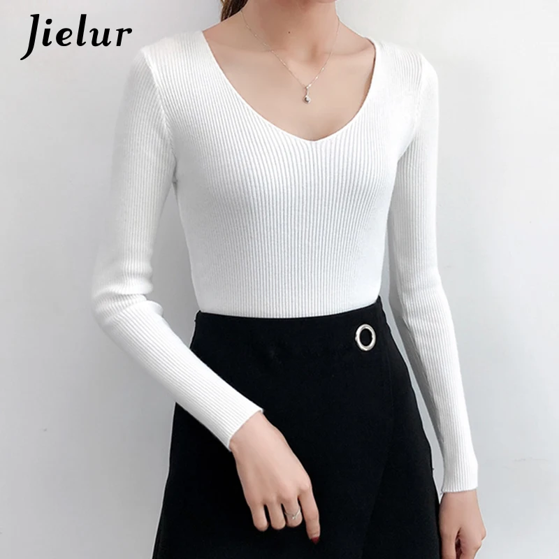 Jielur модные тонкие однотонные свитера для женщин шикарный v-образный вырез