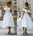 Атласное Короткое свадебное платье-трапеция, с открытыми плечами, длиной до щиколотки, недорогое свадебное платье в стиле бохо, свадебные юбки в стиле хиппи, 2020