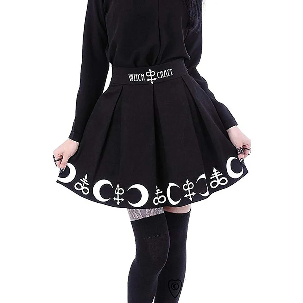 

2020 New Hot Skirts Womens Gothic Punk High Waist Summer Skirts Women Witchcraft Moon Magic Spell Symbols Pleated Mini Skirt