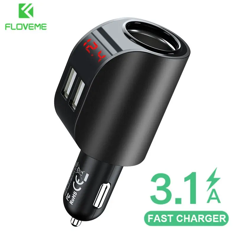 FLOVEME Car Charger Cigarette Lighter Adapter 5V 3.1A Dual USB Car Charger with Digital Display For iPhone Xiaomi Phone Charging