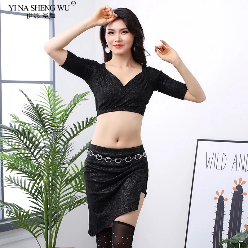 

Women Belly Dance Costume Practice Set Sexy Top+ Short Skirt Oriental Dance Bight Knit Dress Suit Show Clothing Team Dancewear