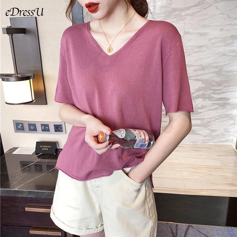 

eDressU Knit T Shirt Woman V-Neck Loose Casual T-Shirt Short Sleeves Plain Tees Knitwear Summer Tops Daily Wear HT-504