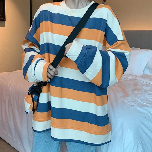 

round Neck Sweater Women's 2020 Autumn New Design Sense Versatile Top Korean Style Loose-Fitting Striped Long Sleeves + with