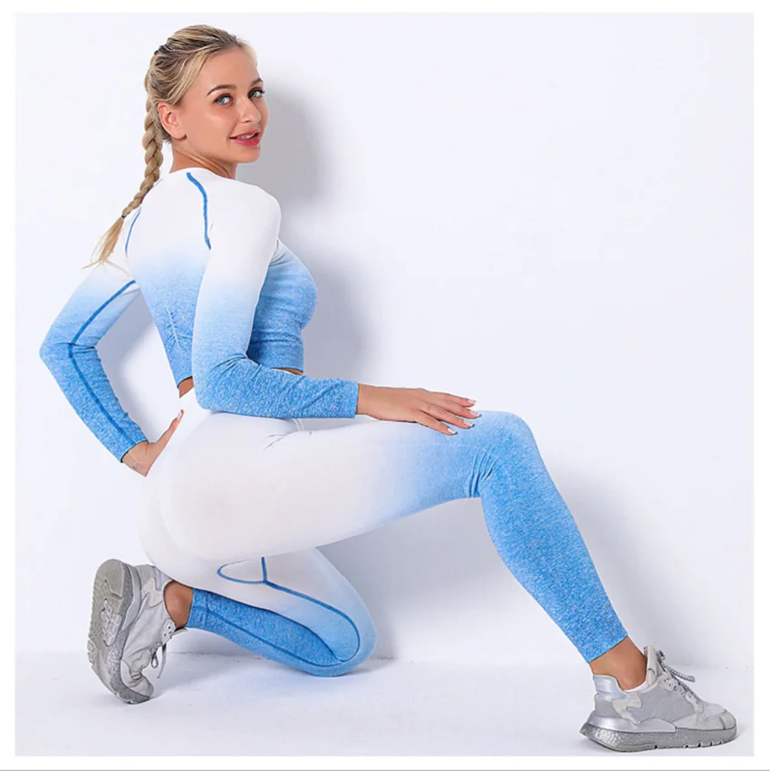 

New Yoga Two-piece Set Gradient Dyeing Seamless Quick-drying Sports Fitness Top High Waist Hip Tights Yoga Suit Set DS78