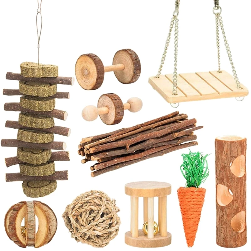 

10Pcs Hamster Chew Toys Set Natural Wooden Exercise Bell Roller Toys Teeth Care 87HA