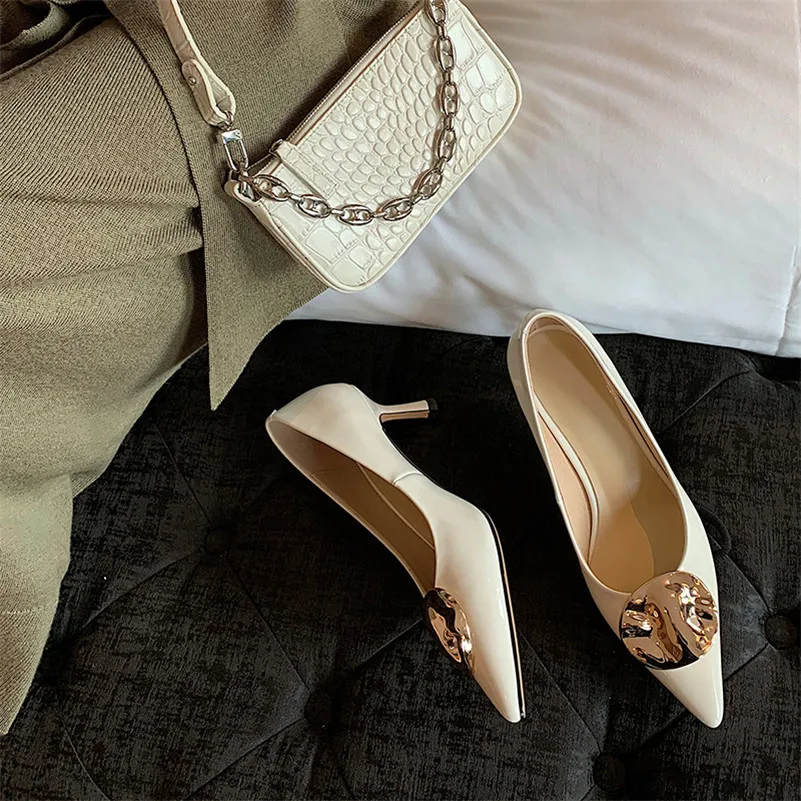 

Meotina Pumps Natural Genuine Leather Pointed Toe High Heels Women Shoes Metal Decoration Thin Heel Ladies Footwear Spring Beige