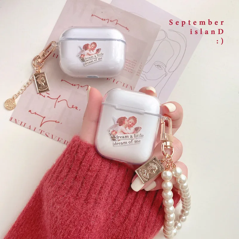 

3D ангел Купидон жемчужный браслет брелок прозрачные наушники мягкий чехол для Apple airpods 1 2 Pro Чехол для беспроводной гарнитуры