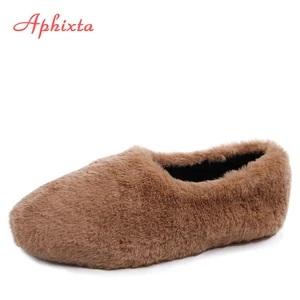 Меховые Лоферы Aphixta больших размеров 35-44, женская зимняя теплая обувь 2022, балетные туфли для женщин, обувь на плоской подошве