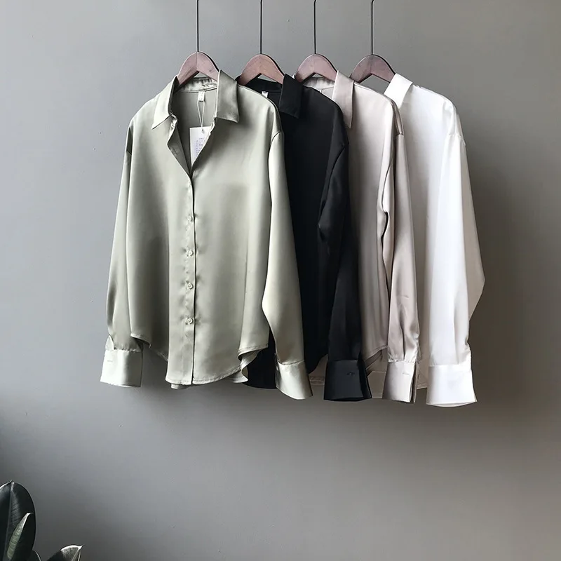 

Spring Autumn Long Sleeve Shirts Women Vintage Button Up Satin Silk Shirt White Female Loose Street Korean Office Ladies Blouse