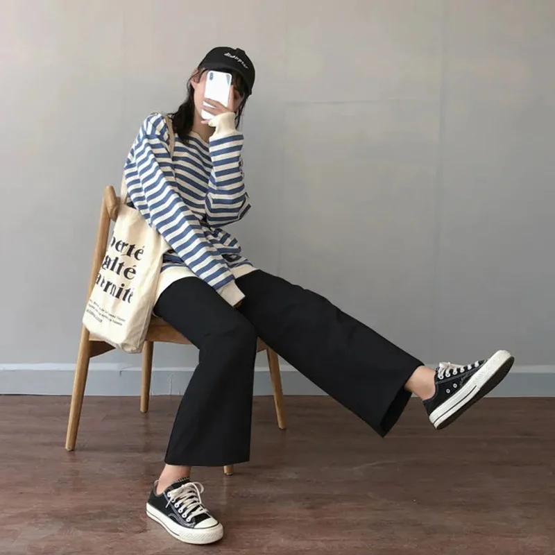 

Широкие повседневные черные женские брюки 2021 Однотонные эластичные простые удобные элегантные прямые брюки Модные свободные укороченные ...