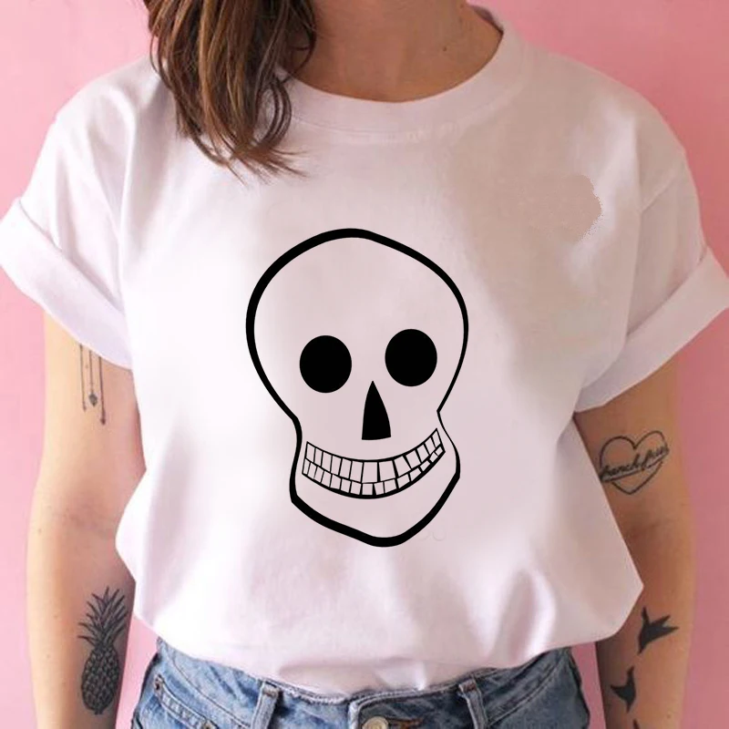 

Fashion Characteristic Skull T Shirt Women Lovely Print Short Sleeved O-neck T-shirt Vintage Ullzang Tshirt Harajuku Tops