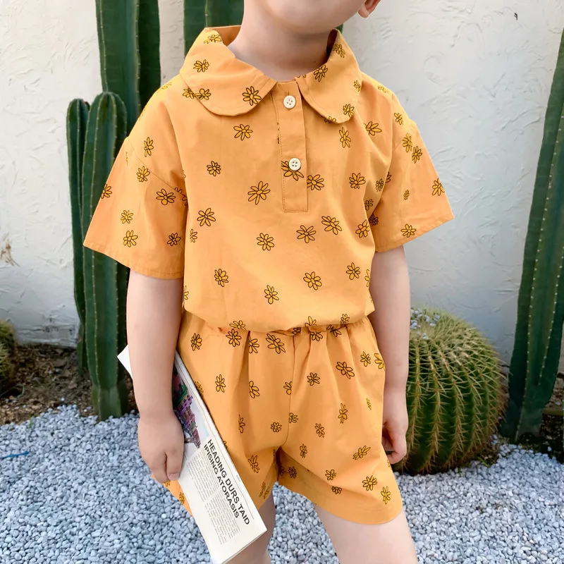 Summer fashion brother and sister clothing Korean style girls chrysanthemum casual long dress boys clothes sets | Мать и ребенок