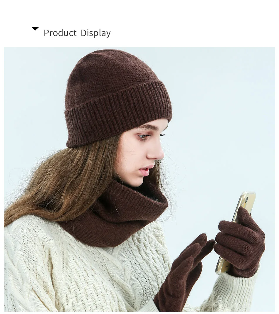 Evrfelan New Warm Winter Hat Scarf Gloves Set Women Men Thick Touch Screen Gloves Thick Soft Beanies Hat Ring Scarf Unisex