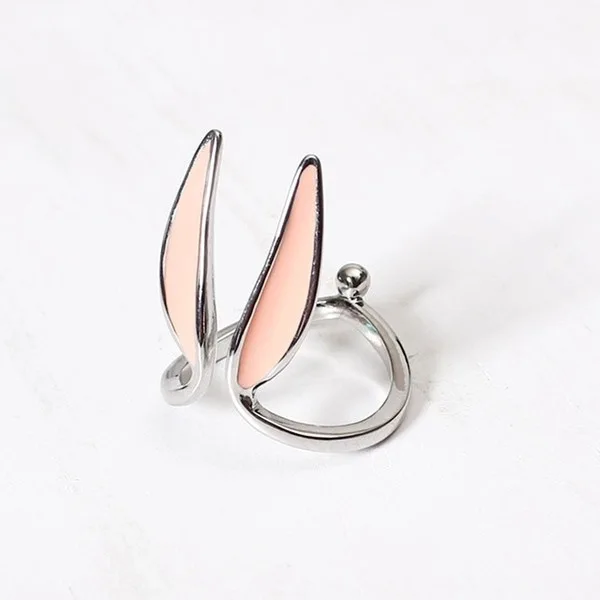 

2021 New Rhinestones Enamel Long Rabbit Ear Glaze Silver Color Adorable Simple Metal Rings for Women Girls Party Jewelry Gift