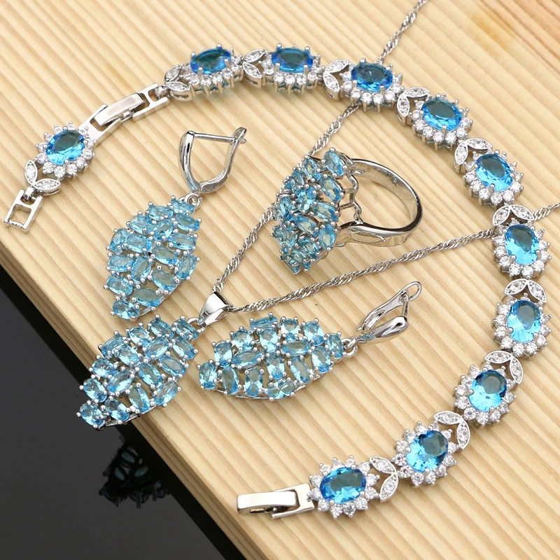 

Sky Blue Crystal Jewelry Sets 925 Sterling Silver Decorations for Women Earrings Fashion 4PCS Party