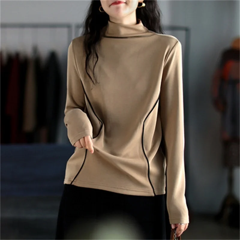 

2020 winter new space cotton art versatile long sleeve half high neck elastic splicing T-shirt for ladies