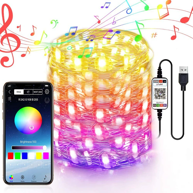 Led Christmas Tree Decoration Bluetooth Light Mobile Phone APP Copper Wire Colorful  Light String For Holiday Party Wedding