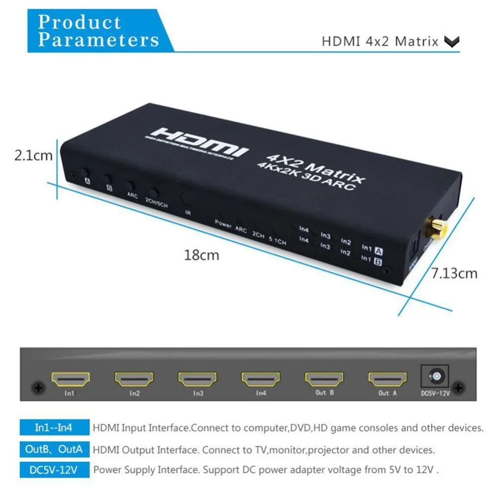 Портативный HDMI матричный 4X2 HDMI Разветвитель переключатель 1,4 HDMI 4 в 2 Выход коммутатор разветвитель адаптер Поддержка 4 к* 2 к с пультом дистанционного управления