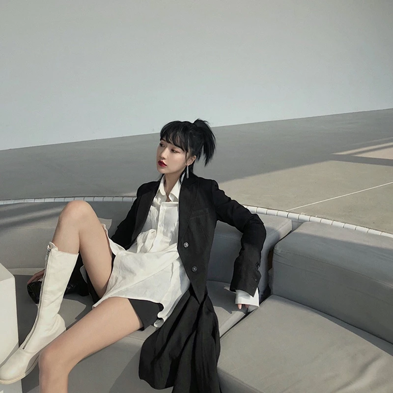 long women's blazer black relaxation pattern suit belt jacket coat casual solid color single button coat OL blazer suit skirt