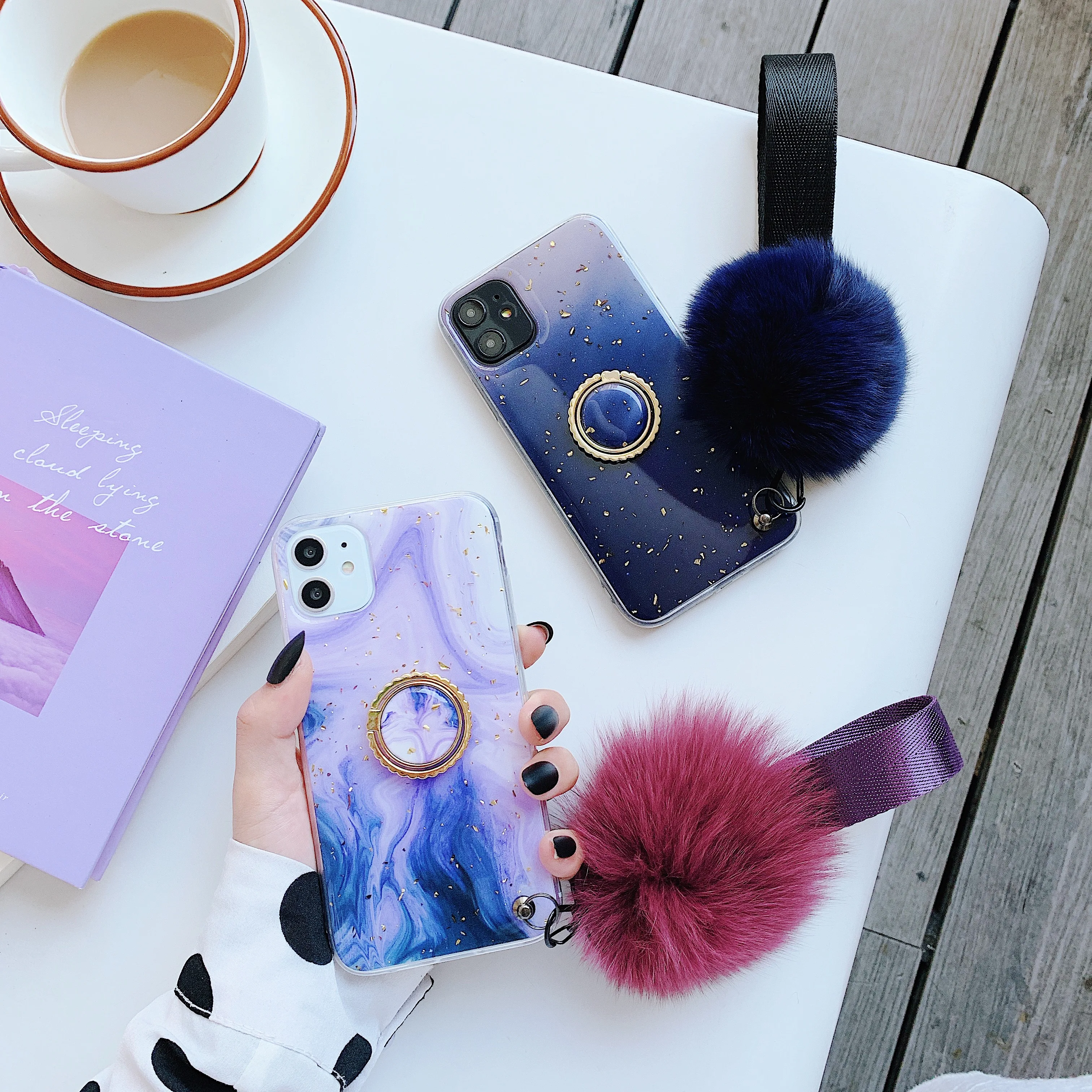 

Fashion Cute Plush Ball Phone Case For iPhone 11 12 XS Pro Max 12 Mini XR 7 8 Plus Soft Silicone Covers With Ring Holder Stand