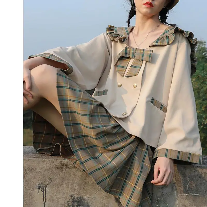 

Girl Japanese 2 Piece Set Women New Summer Fashion Suit Loose Shirt Plaid Pleated Mini Skirt Femme Roupas Lolita Suits 2021