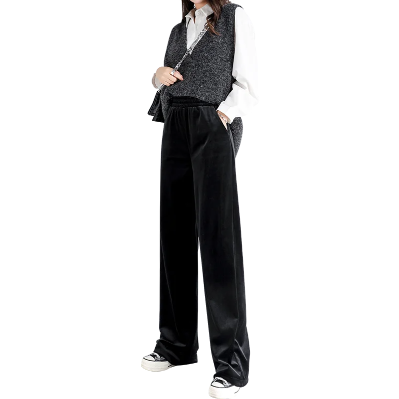 

Winter Velvet Thick New Straight Wide Leg Womens Trousers Autumn Streetwear Chic Pants Women High Waist Plus Size Loose