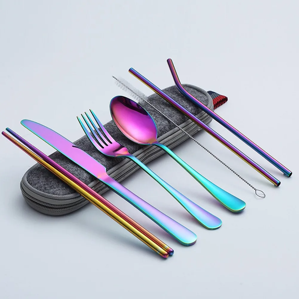

8PCS Dinnerware Set Stainless Steel Cutlery Set Kitchen Tableware Sets Portable Knives Fork Spoon Metal Straw Dinner Set