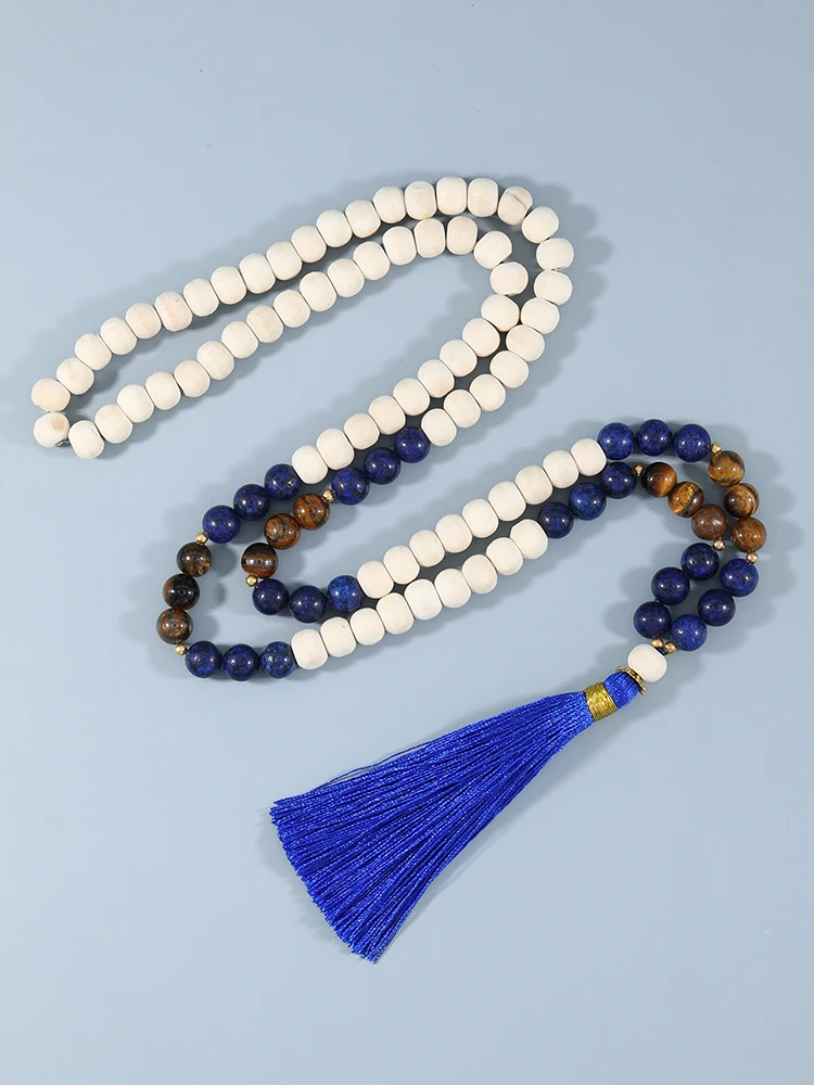 

YUOKIAA Japamala 108 Mala Necklace Natural Wooden Beads Tiger Eye Lapis Lazuli Beaded Tassel Boho Meditation Yoga Spirit Jewelry