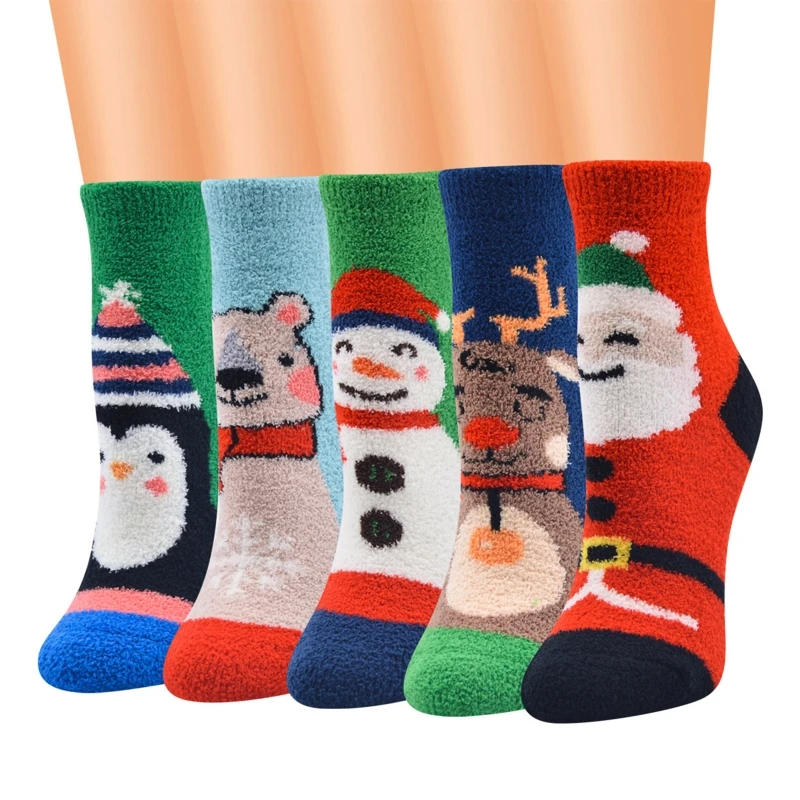 

Q6PB 10 пар смешанных рождественских пушистых коралловых бархатных коротких носков Мультяшные животные Санта зимние теплые махровые полотен...