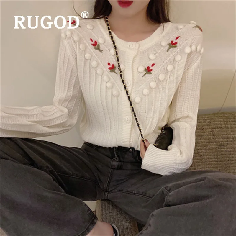 Женский вязаный кардиган с длинным рукавом RUGOD свитер цветочной вышивкой в