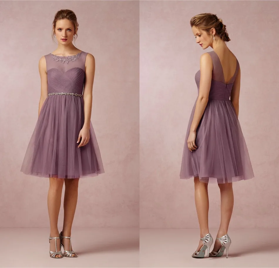 

Cheapest Wedding Party Dress Crew Neck Soft Tulle Skirt Mauve Short Junior Bridesmaid Dresses 2020 Crystal Beaded Belt Online