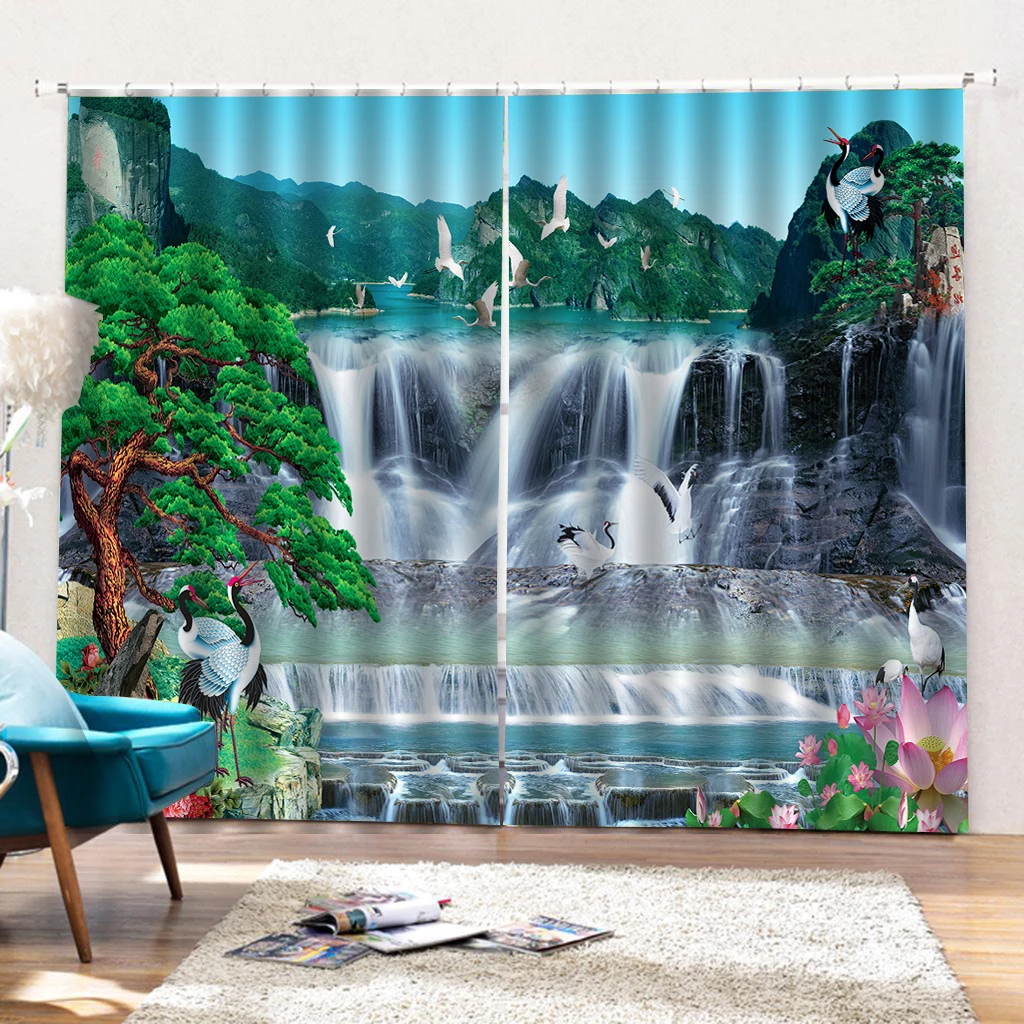 Шторы на окна с 3d изображением водопада роскошные занавески принтом затемняющие