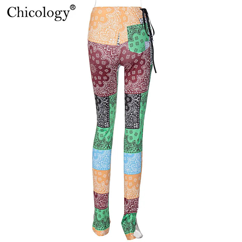 

Chicology Split Lace Up Patchwork Print High Wait Long Pants Women Fafshion Trousers 2020 Winter Fall Clothes Streetwear Bottom