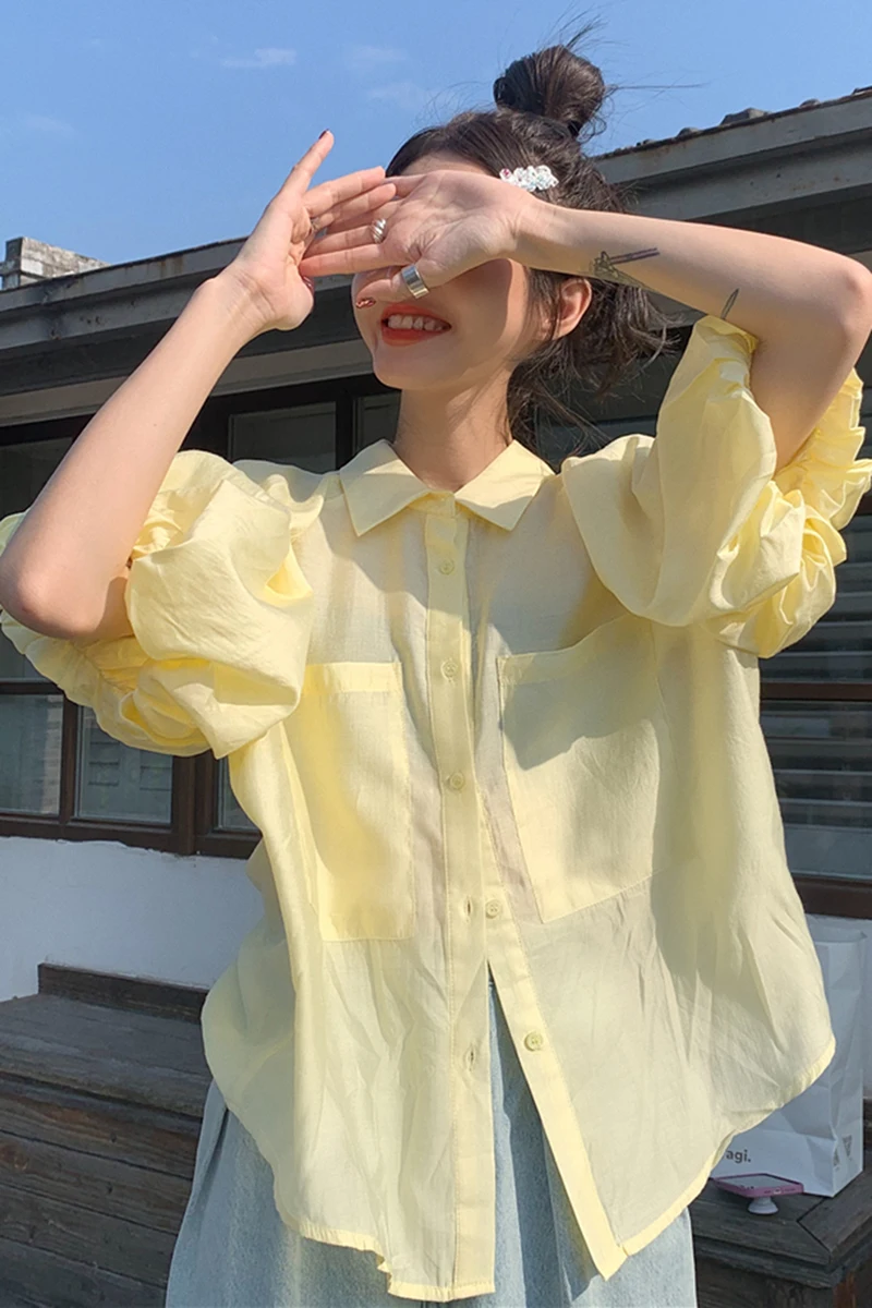 

Korean Summer Lapels Single Breasted Blouses for Women Double Pocket Loose Short Sleeve Shirt Top Female Button Up Shirt