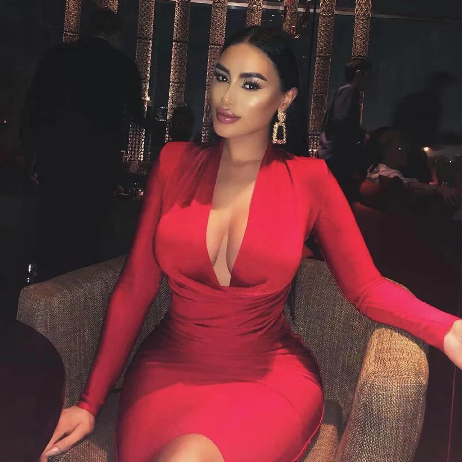 

2021 New Spring Women Bandage Dress Sexy Deep V Neck Long Sleeve Bodycon Club Black Midi Celebrity Evening Party Dresses