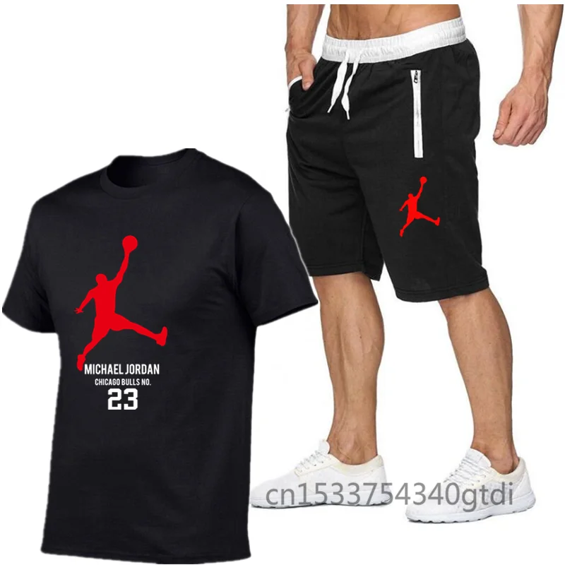 

100% cotton men's sports shorts new combination 2 pieces, jordan-23 men's leisure tracksuit, plus size sports suit