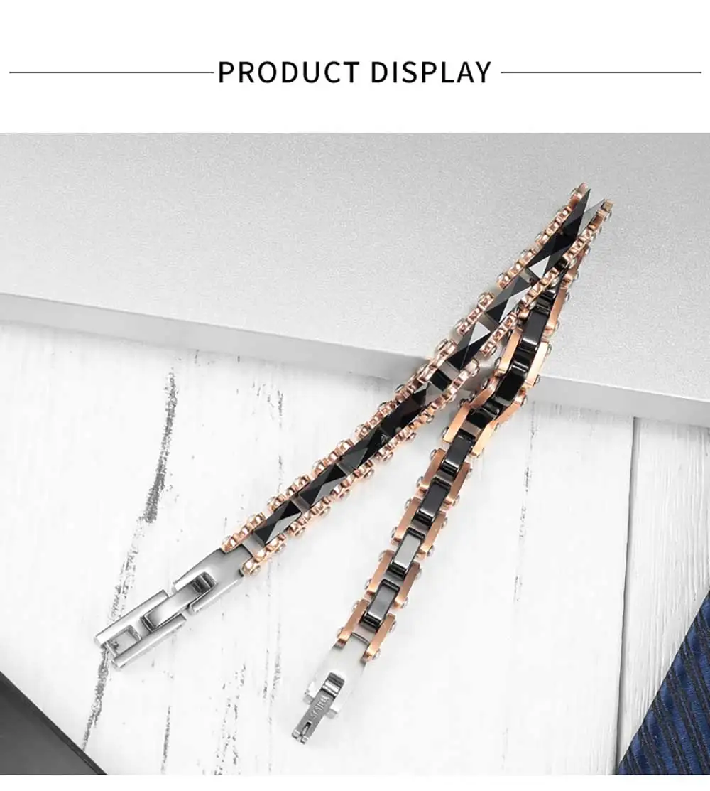 Moocare rose gold stainless steel wrist chain black women men charm bracelet ceramic jewelry accessories for ladies