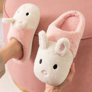 Women Home Indoor Slippers Cozy Hairy Warm Shoes Non-Slip Cute Rabbit Couple Slides Christmas Gift Short Plush Cotton Slippers
