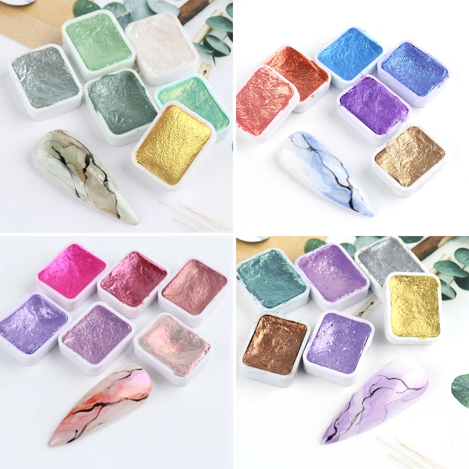 Акварель для ногтей 6/12 цветов однотонная металлик синий фиолетовый жемчужный