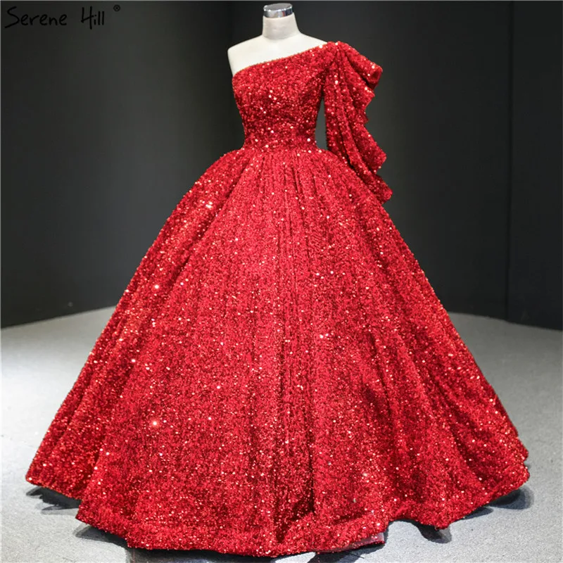 Дубай винно Красные Свадебные платья на одно плечо 2021 Блестки Блестящие без