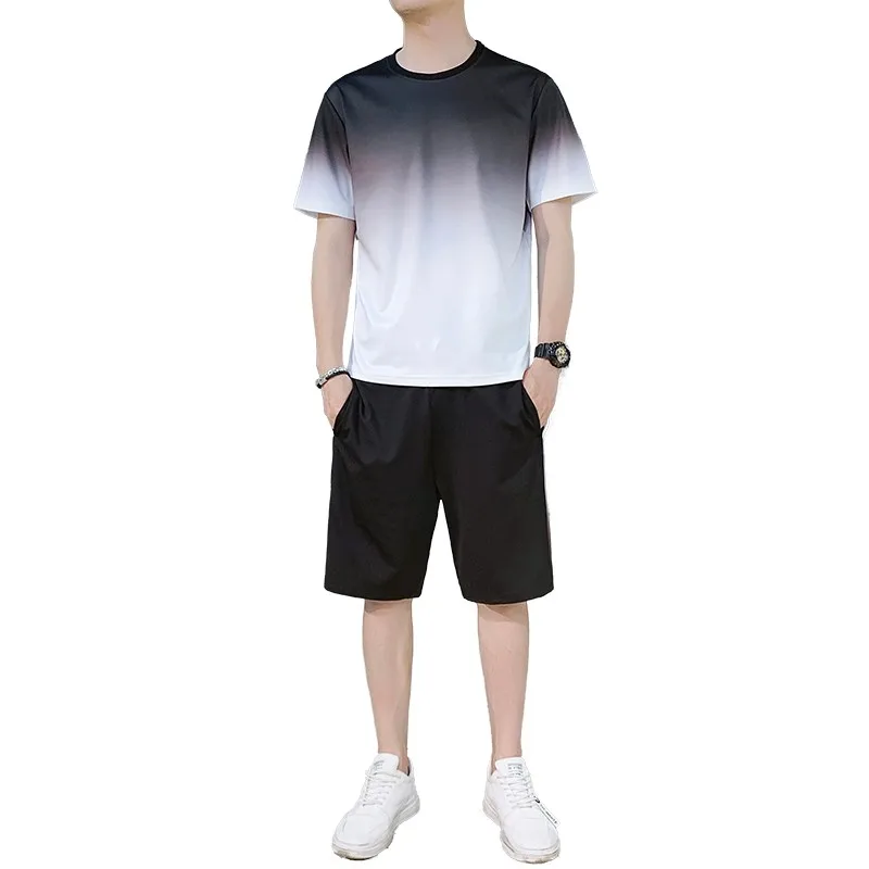 

Summer New Gradient Short Sleeved Men Summer Suit Fashion Casual T-shirt Shorts 2 Piece Set Street Trend Mens Tracksuit NEW