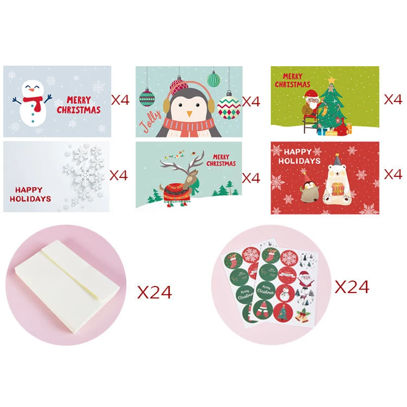 

24pcs/Set Merry Christmas Cards Mix Style New Year Elk Deer Penguin Cartoon Printed Custom Business Card for Children Friend